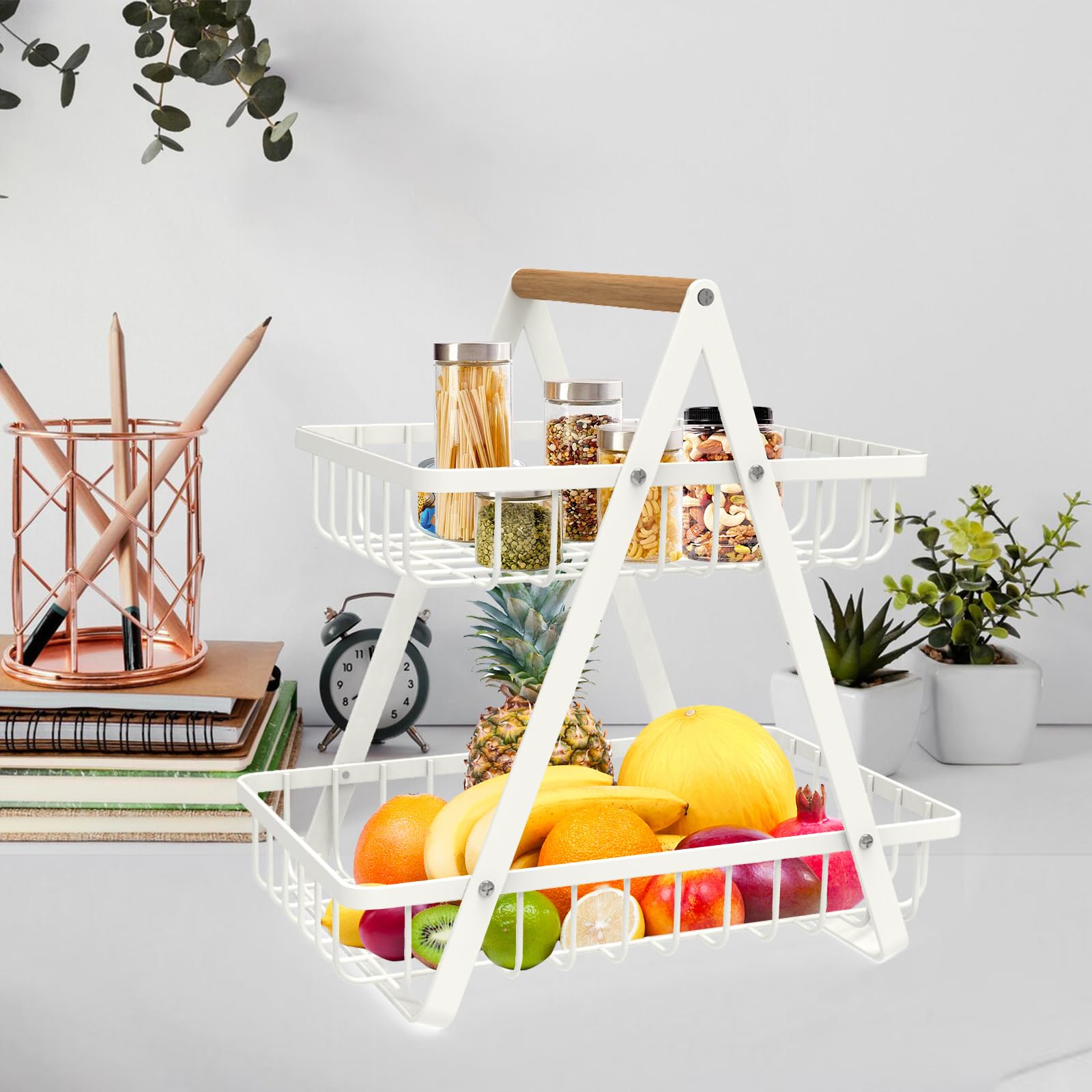 mahueeol 2-tier fruit basket with wooden handles for easy transport