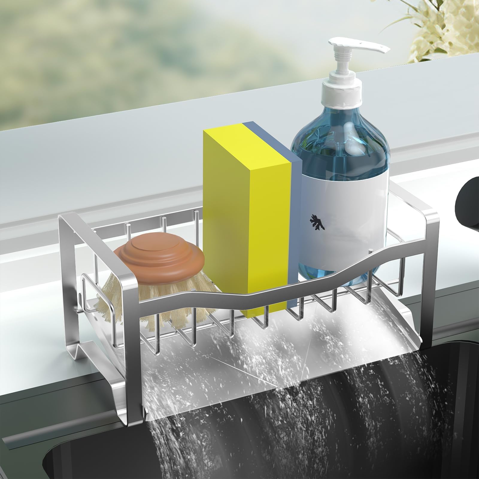 Maifan kitchen sink caddy with automatic drain tray keeps counters dry and organized.