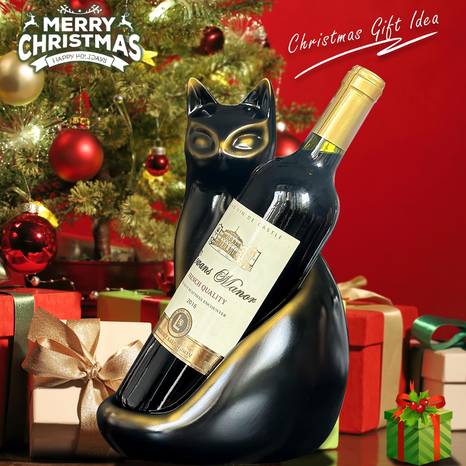 MAIHOM cat wine bottle holder on dining table, decorative display for a bottle
