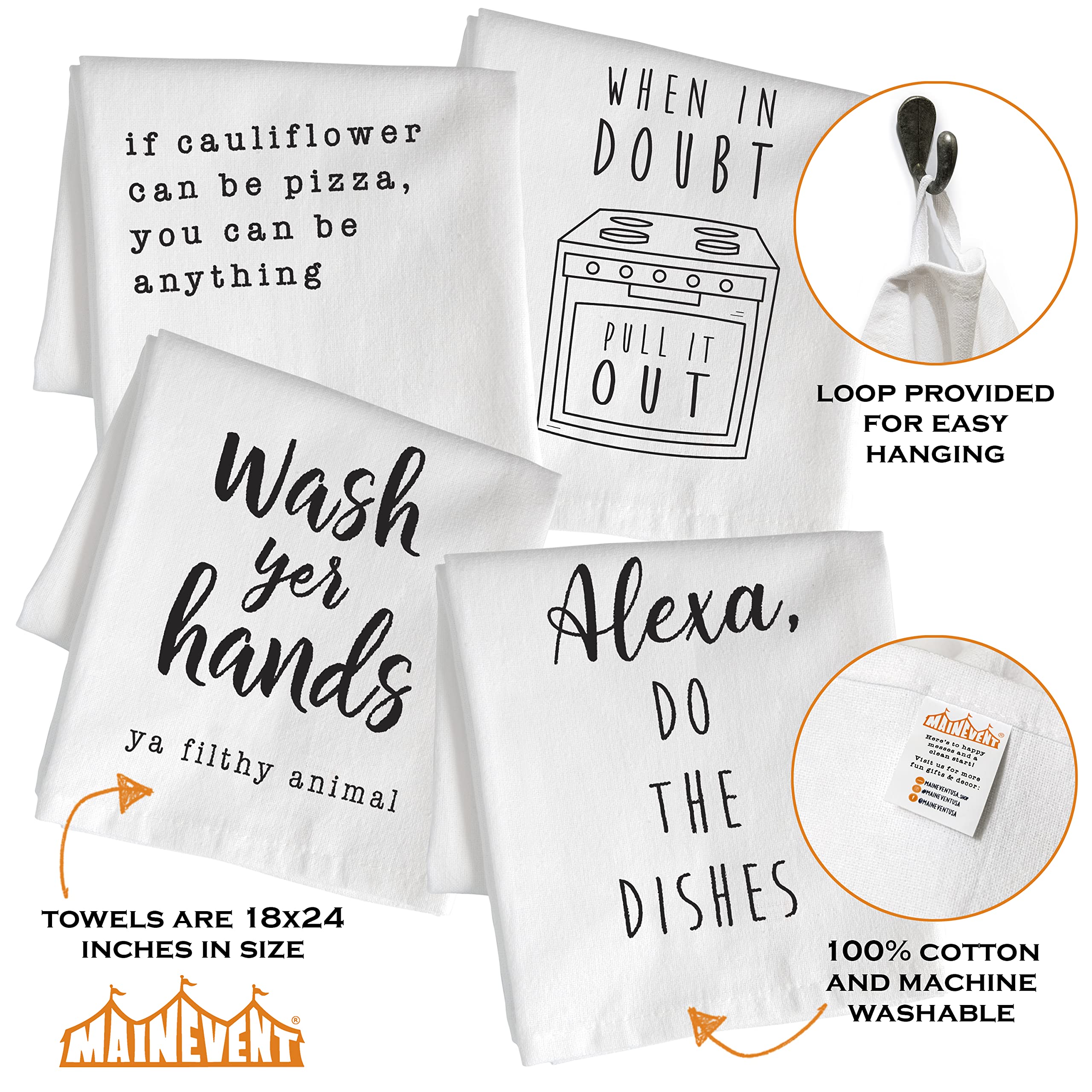 MAINEVENT funny kitchen towel set presents four cheerful designs for kitchen decor and hostess gifts
