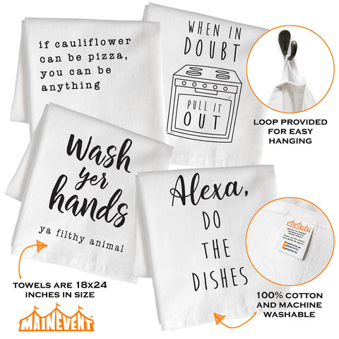 MAINEVENT funny kitchen towel set presents four cheerful designs for kitchen decor and hostess gifts