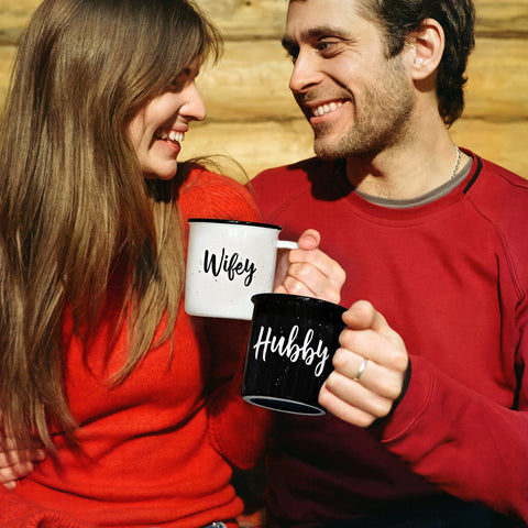 MAINEVENT wifey hubby mug set in use at kitchen table, pairs perfectly