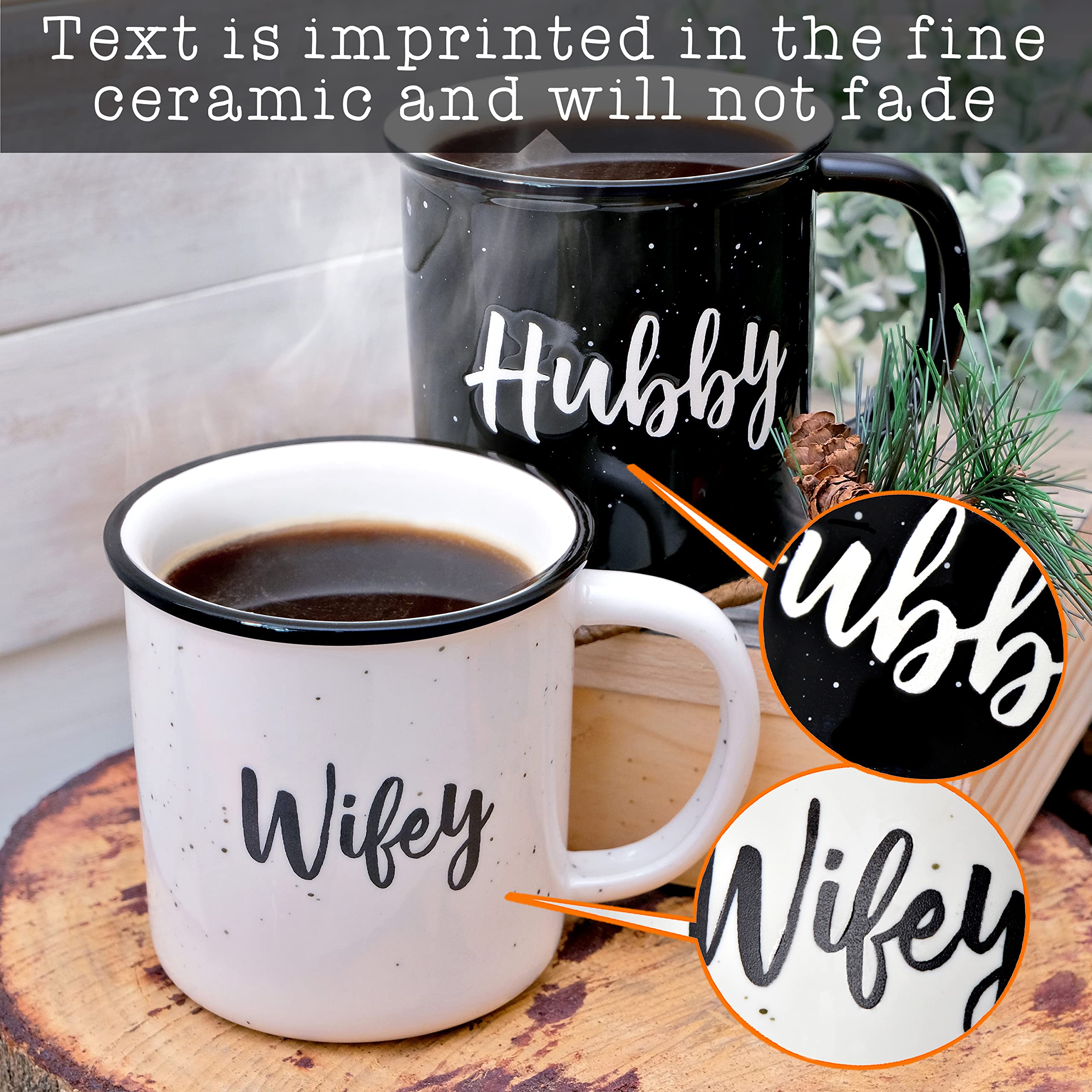 MAINEVENT wifey hubby mug set side view with handles, easy grip for daily use