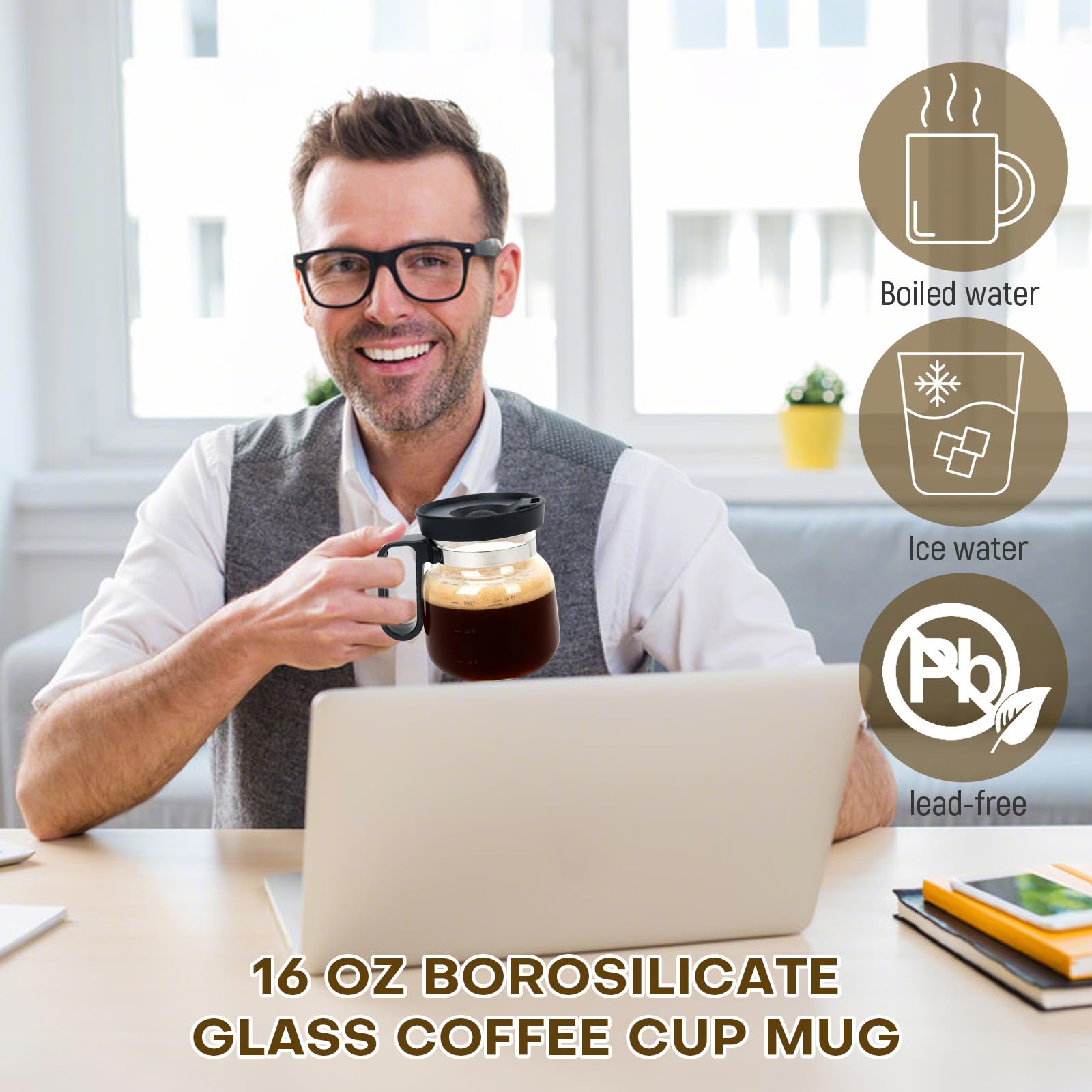 MaiQidd travel glass mug 16oz on-the-go transparency for monitoring beverage color.