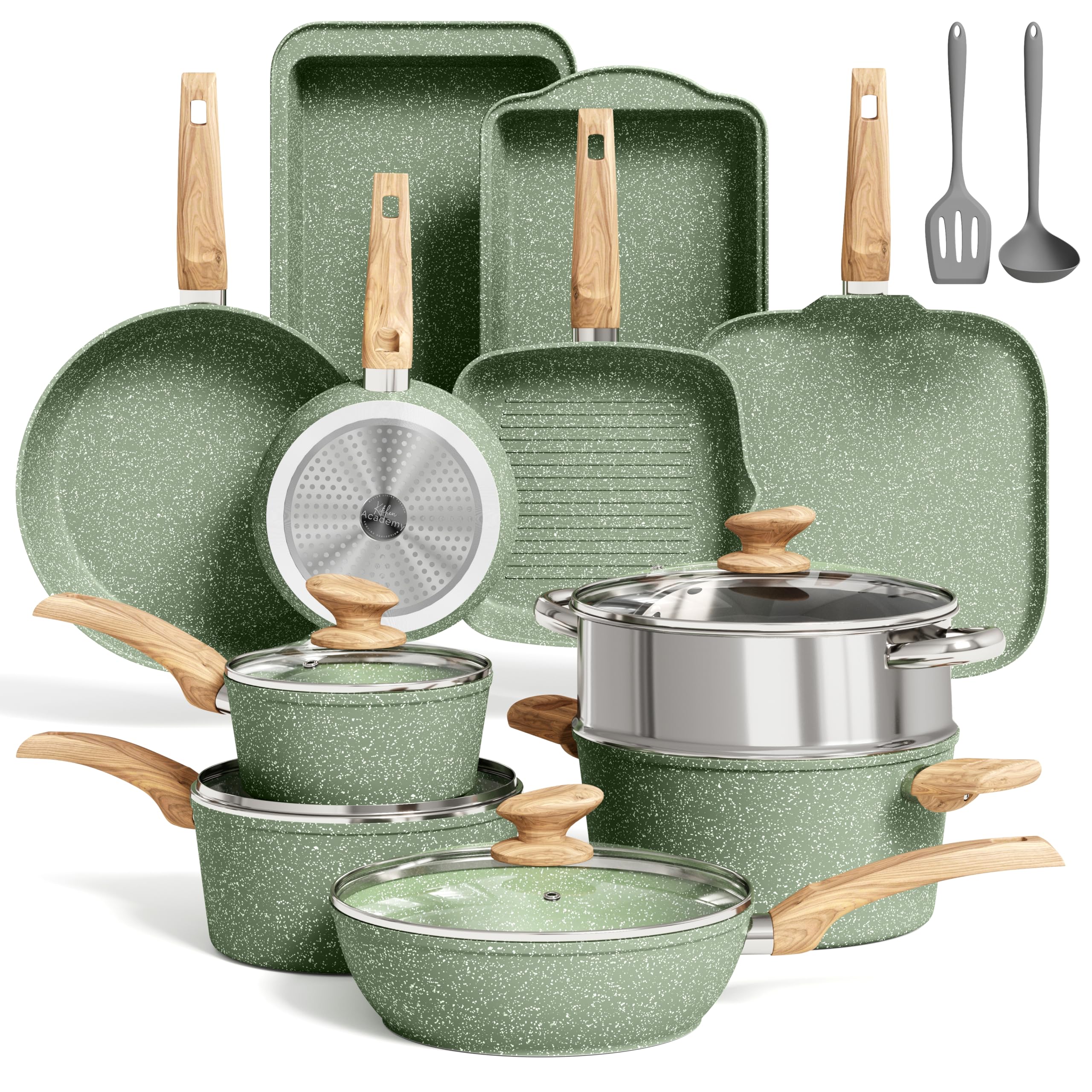 MAISON ARTS 17-piece green cookware set ready for versatile home cooking tasks