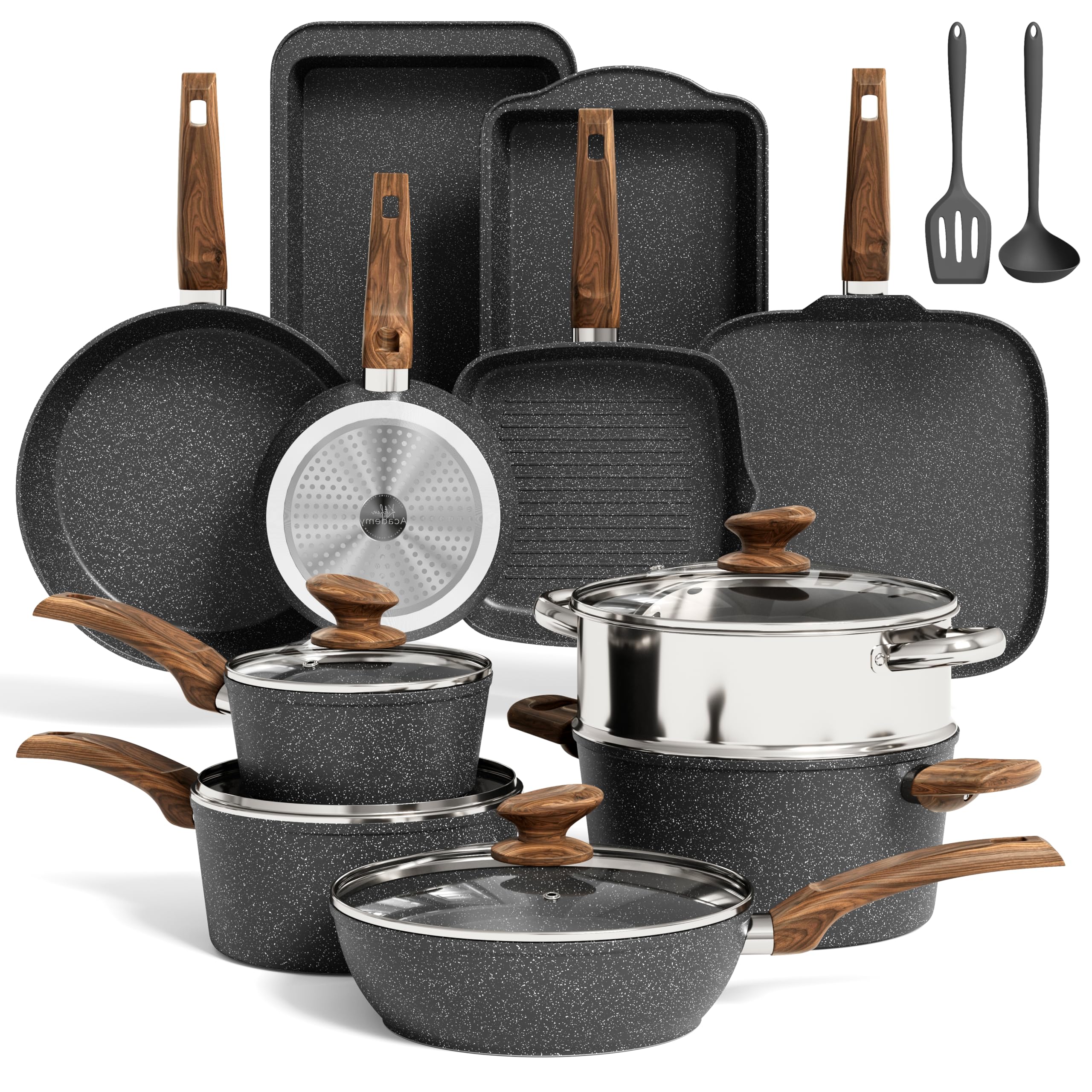 MAISON ARTS 17-piece pots and pans set displayed, versatile cookware for varied meals.
