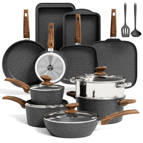 MAISON ARTS 17-piece pots and pans set displayed, versatile cookware for varied meals.
