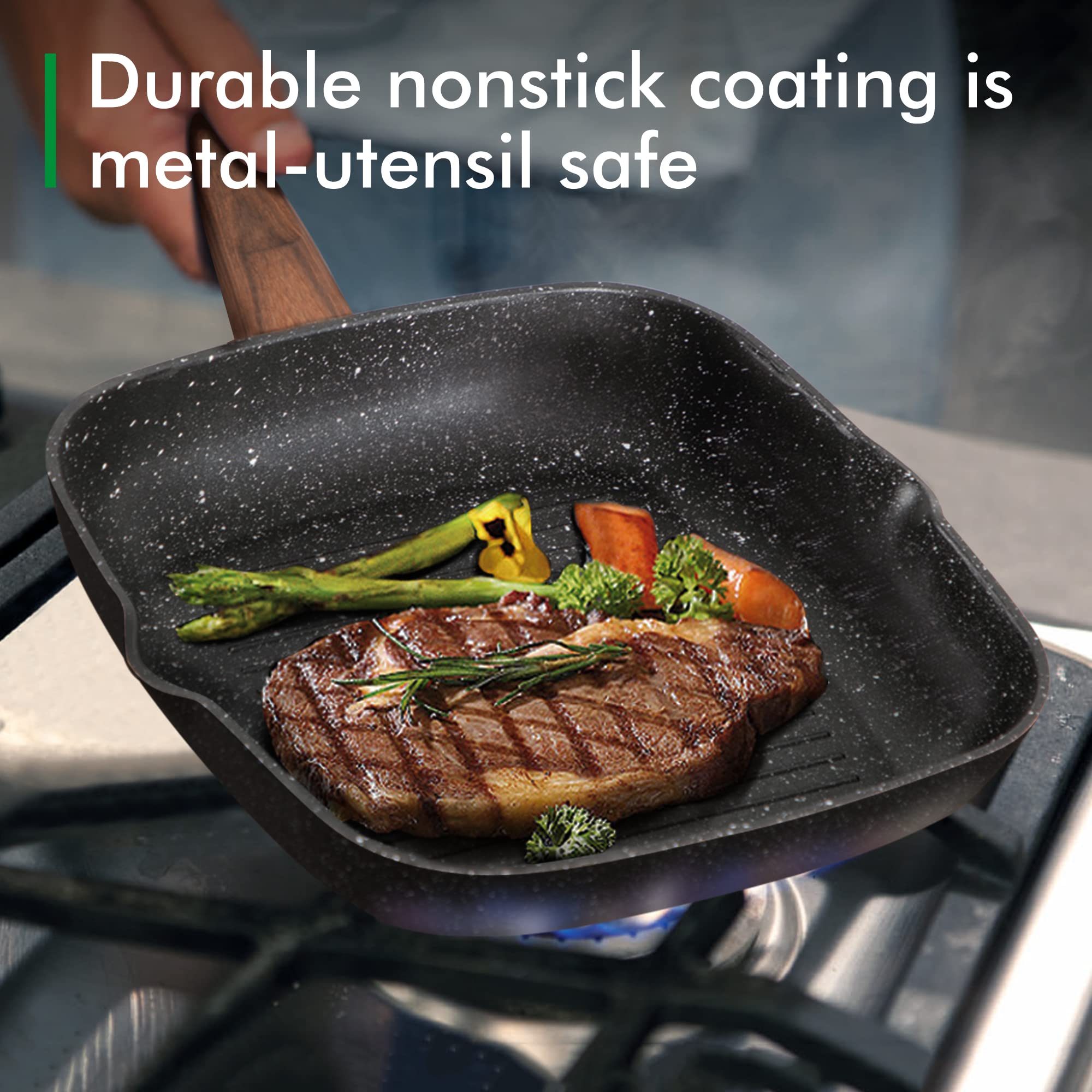 Granite nonstick coating on MAISON ARTS pans for easy food release.