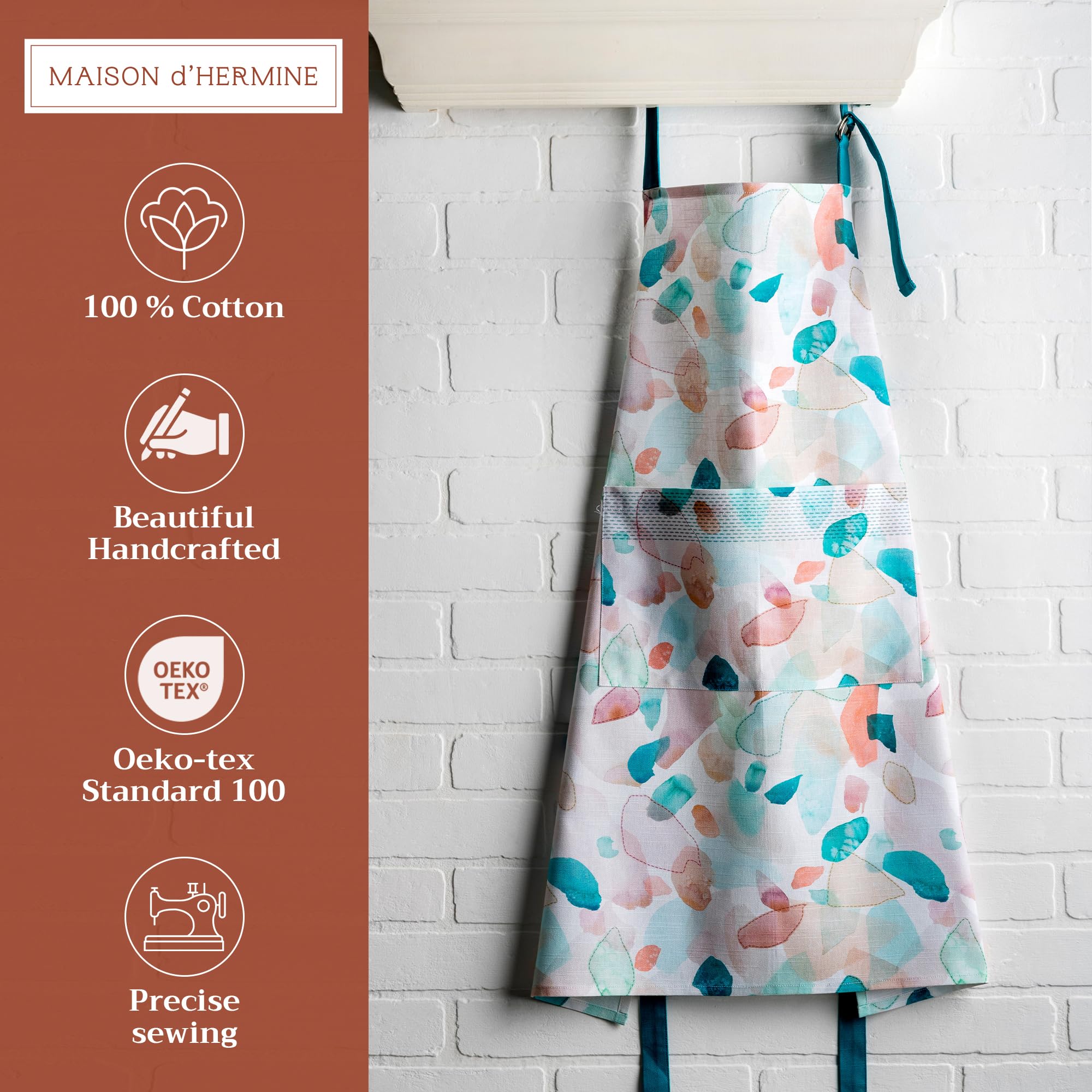 Maison d' Hermine apron fabric detail, watercolor pattern, soft cotton for comfortable cooking.