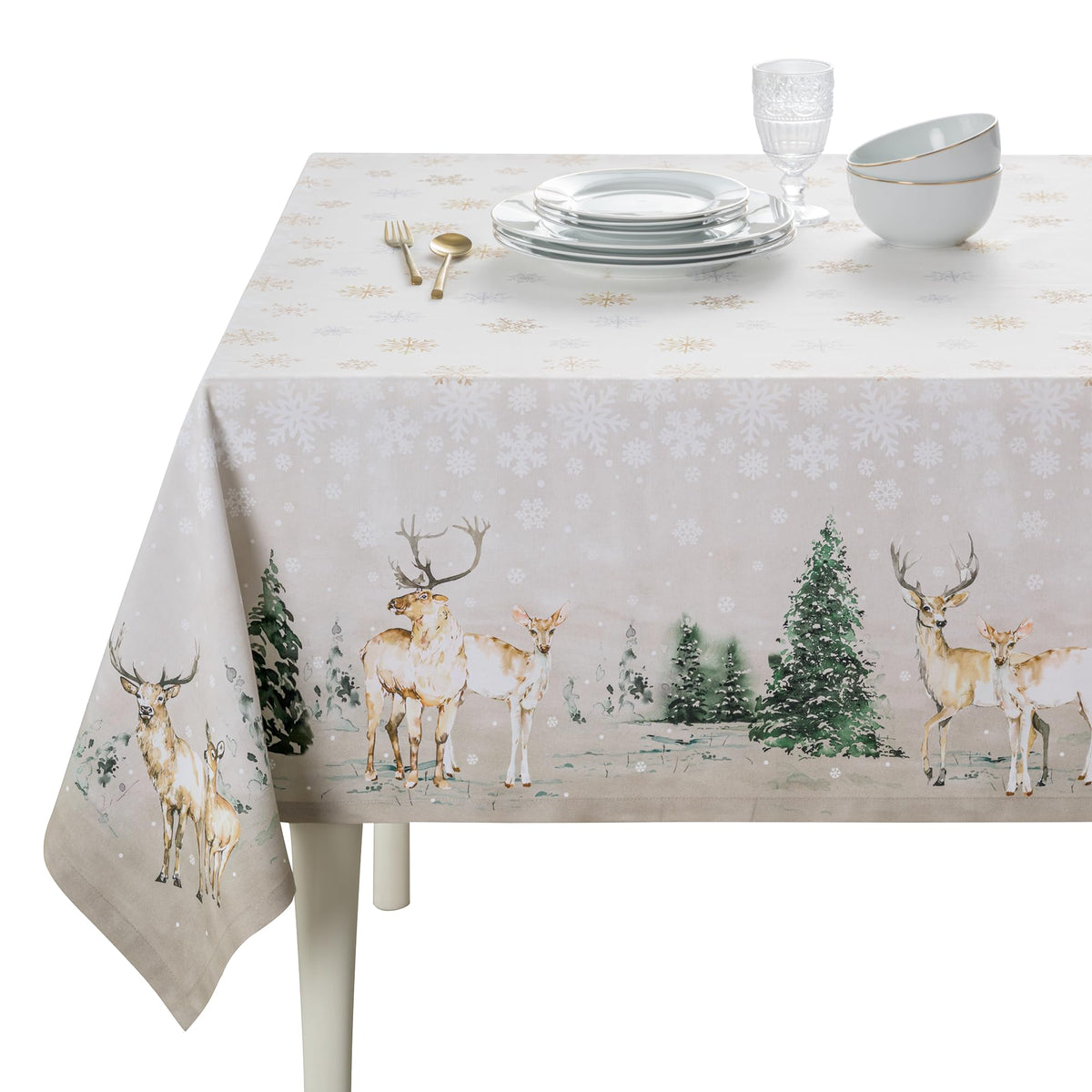 Maison d' Hermine deer in the woods tablecloth enhances seasonal dining ambiance.