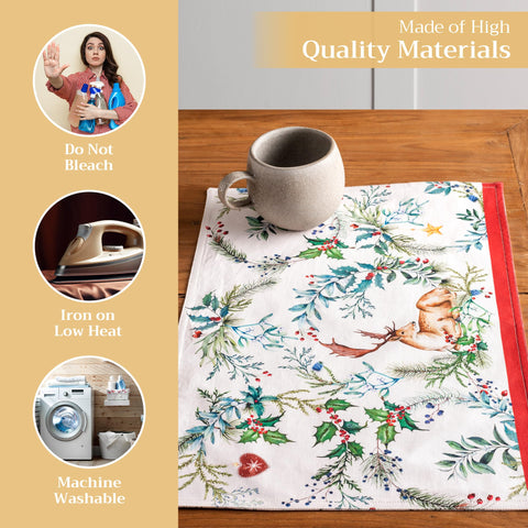 Holly Time placemats on dining table elevate Thanksgiving and Christmas meals.