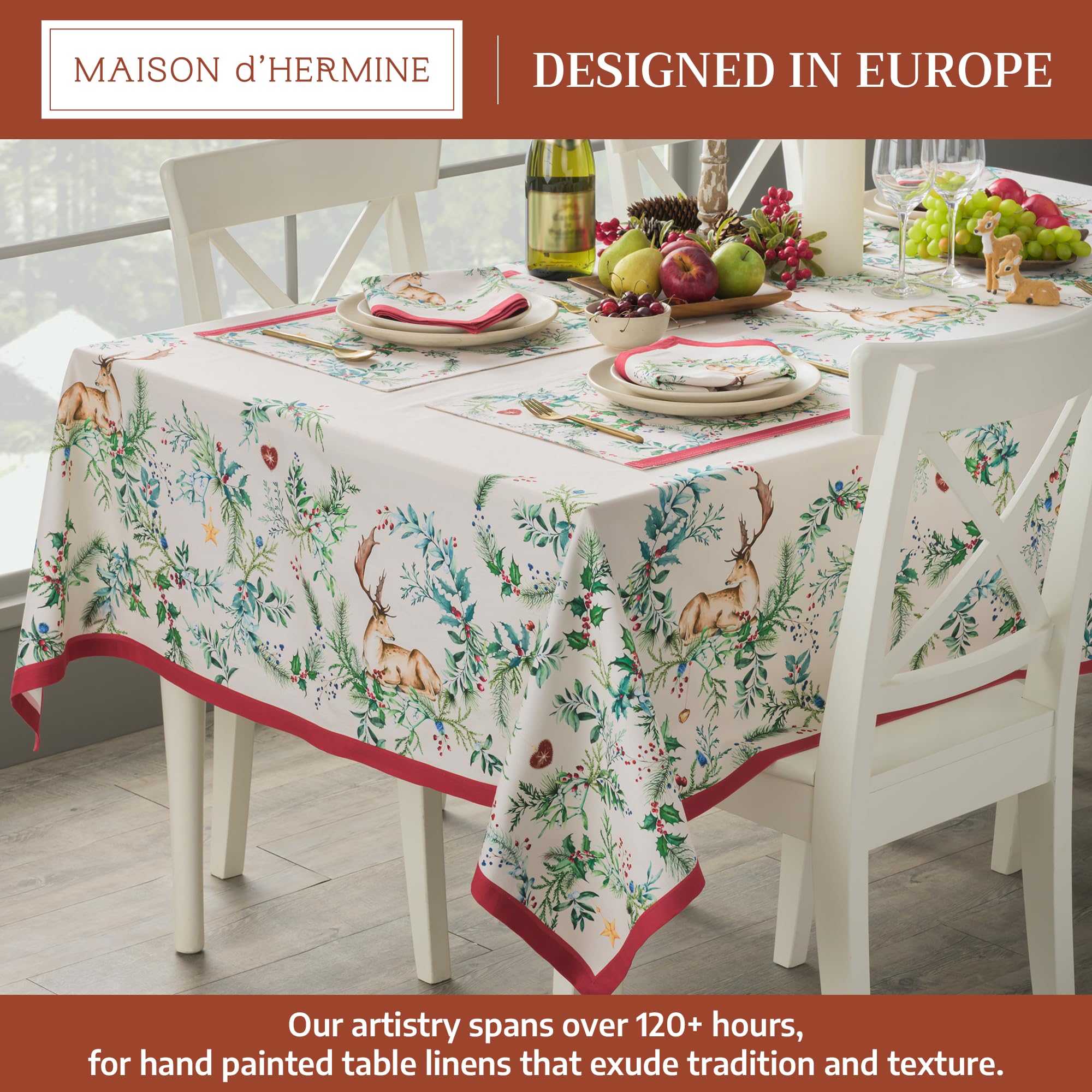 Maison d' Hermine Holly Time tablecloth watercolor art closeup showing hand-painted detail