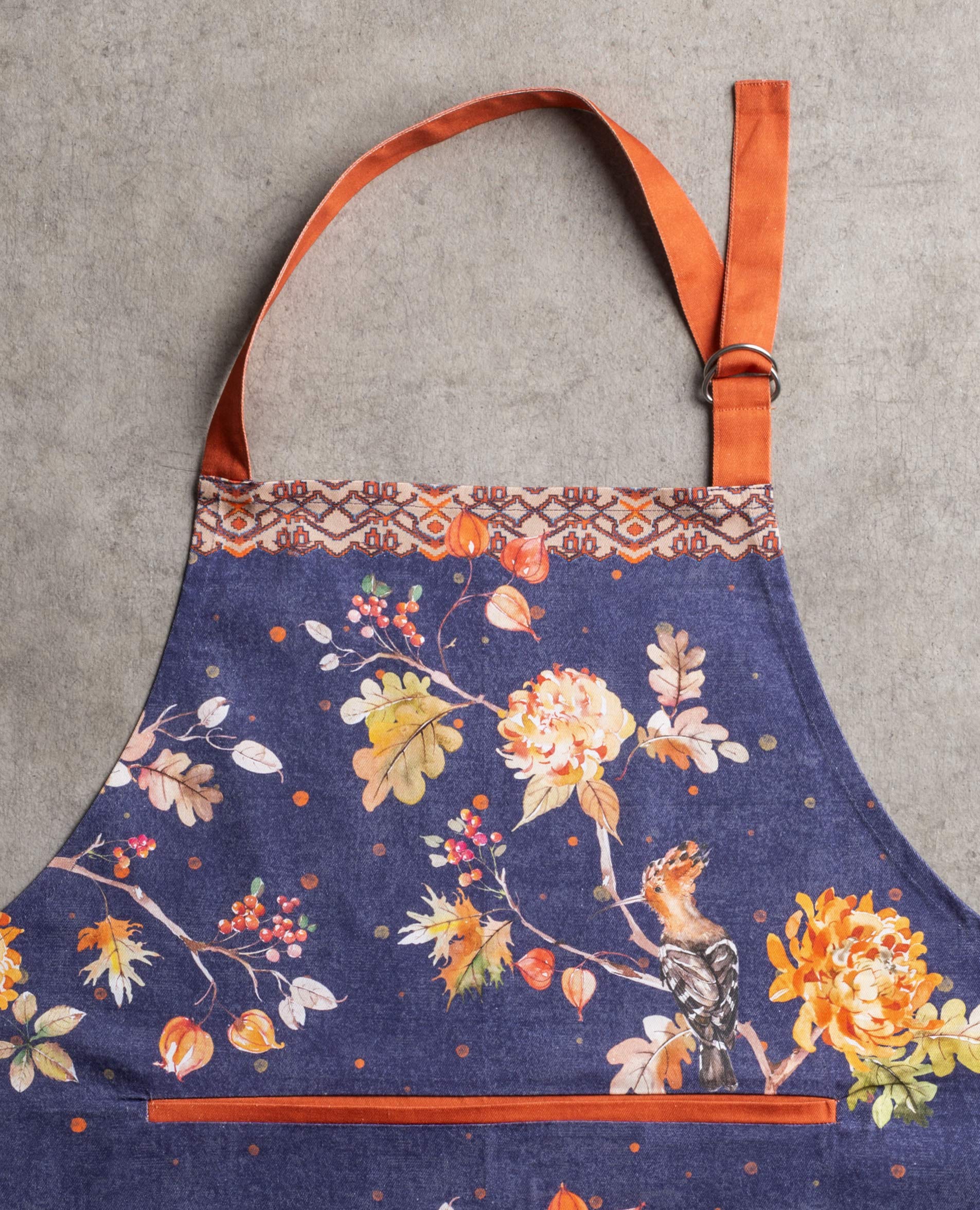 Kelim Infinity apron from Maison d' Hermine pairs with fall decor and linens.