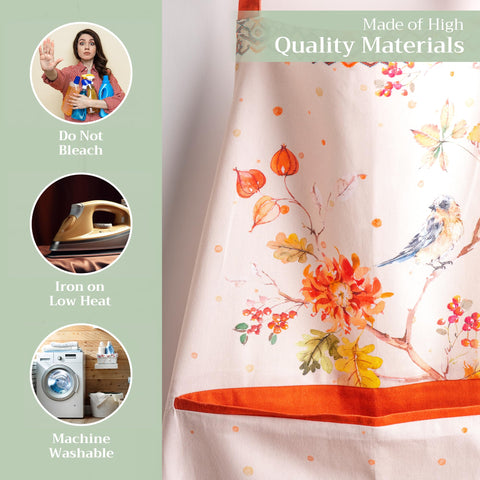 Maison d'Hermine Kelim Prairie full-length apron shown in a kitchen setup.
