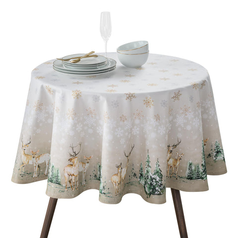 Maison d' Hermine round tablecloth with watercolor deer in the woods for festive tables.