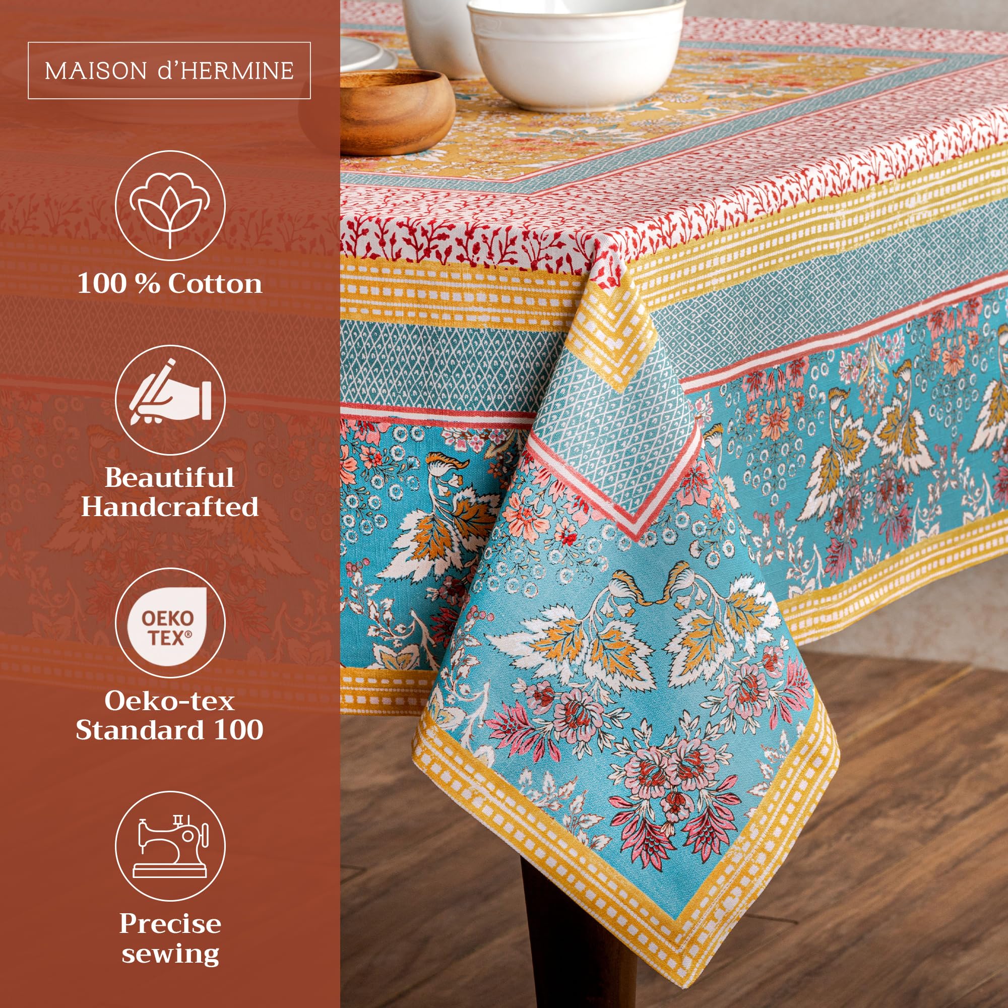 Maison d' Hermine watercolor design tablecloth adds subtle European artistry to any table setup.