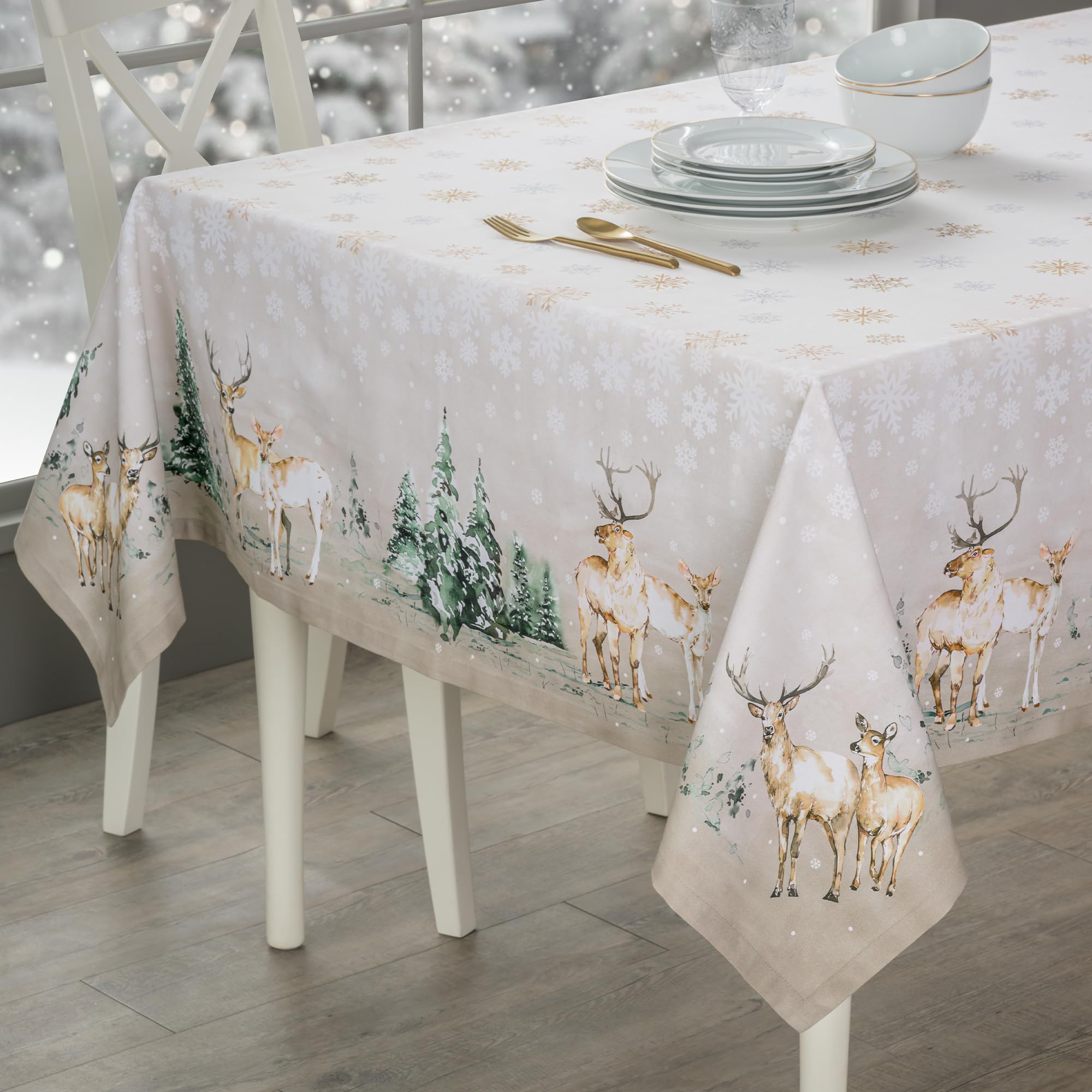Maison d' Hermine tablecloth watercolor detailing enhances table presence.