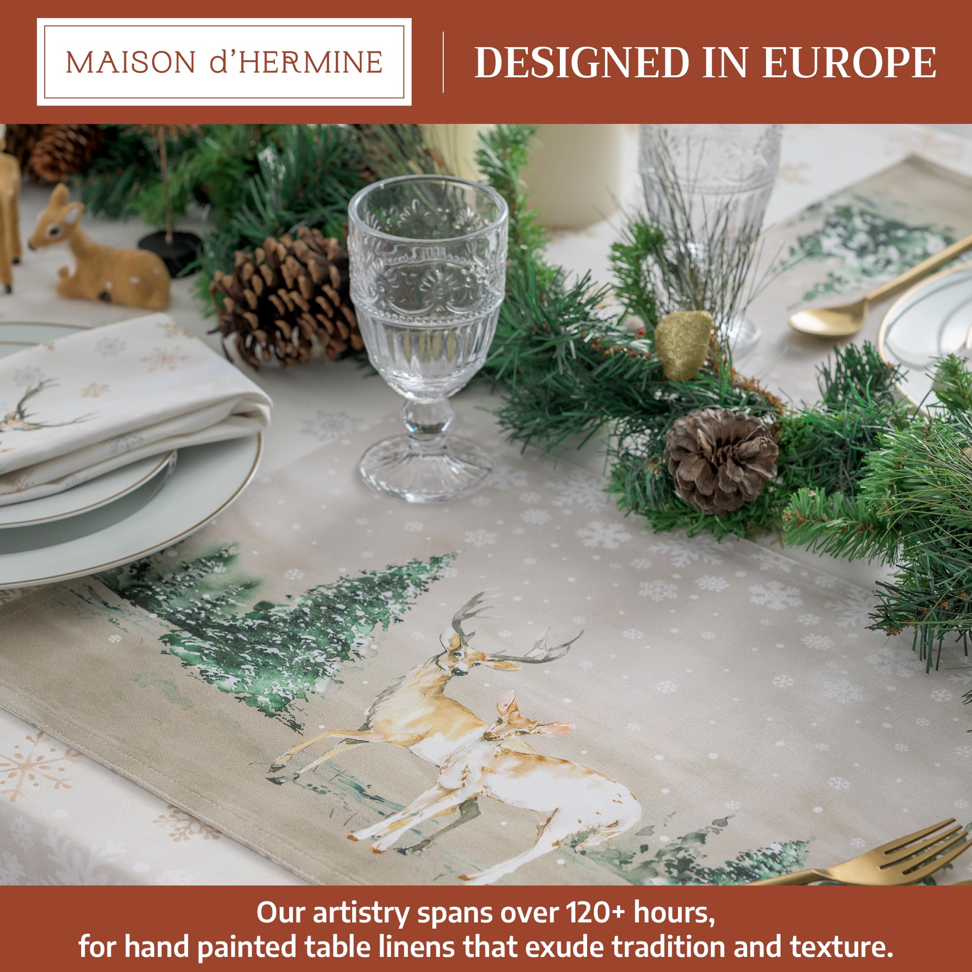 Maison d'Hermine watercolor-deer-forest placemat adds elegant seasonal color to Thanksgiving dinners.