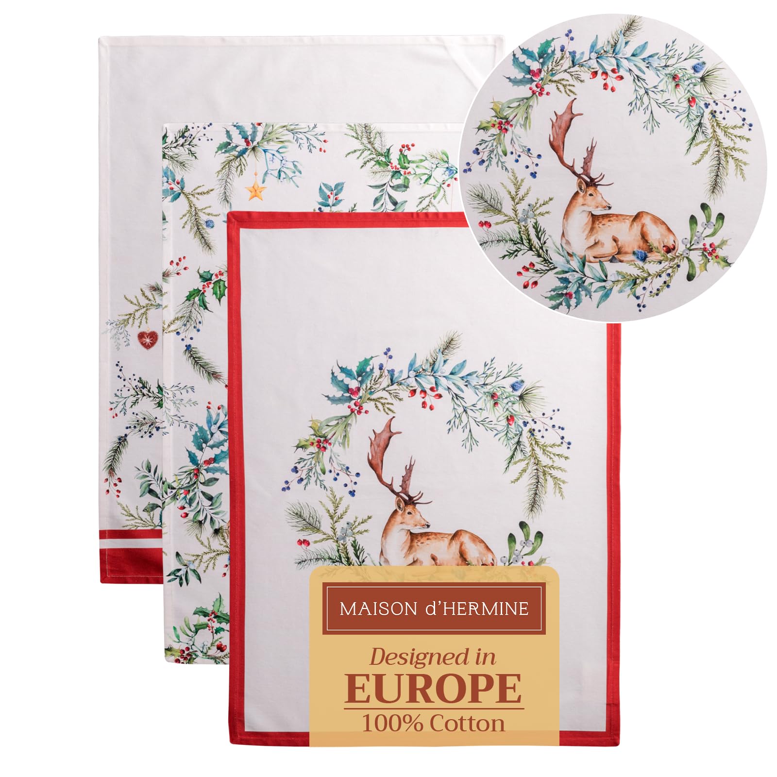 Maison d'Hermine holly time design kitchen towels front view for festive decor