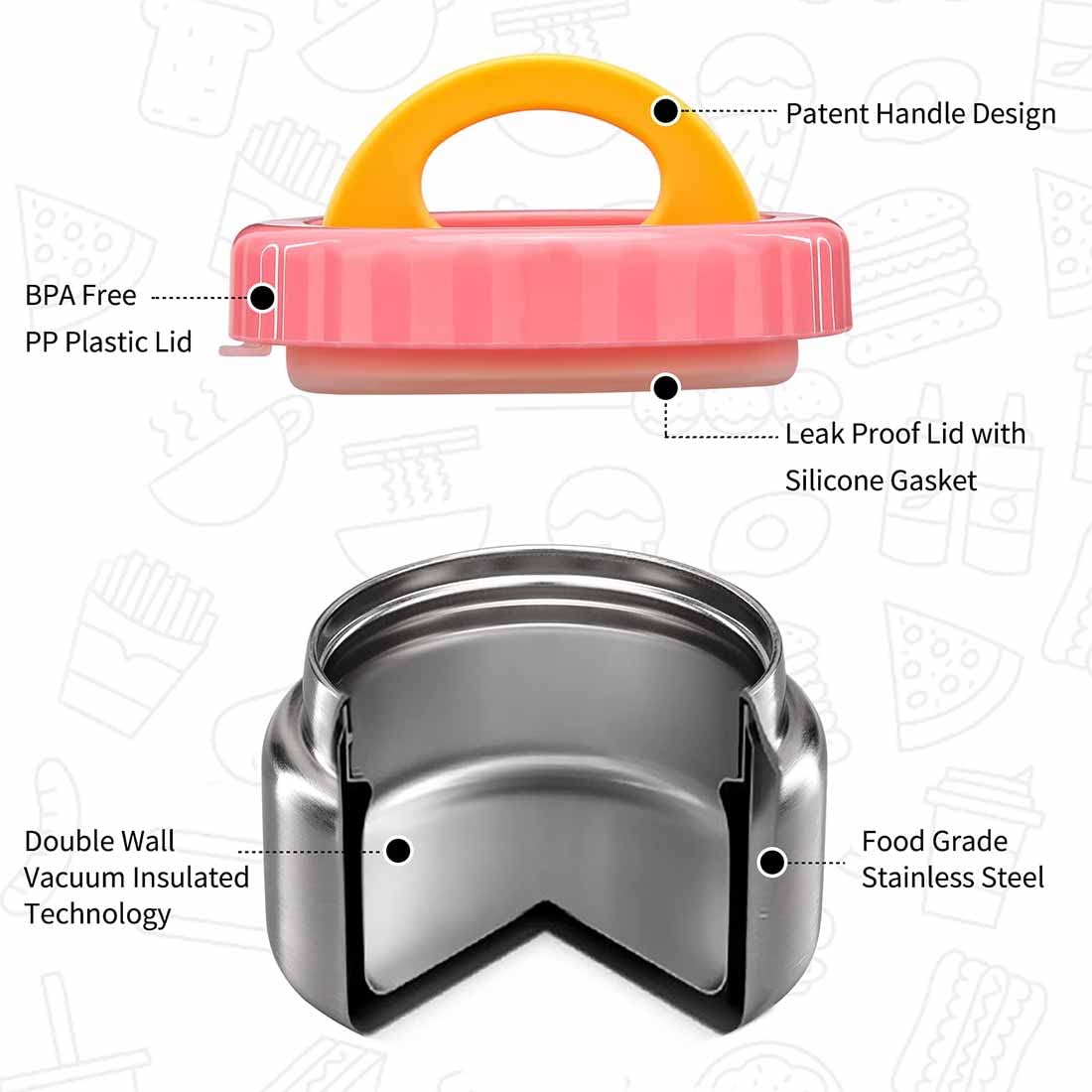 MAISON HUIS 8oz soup thermo pink lid open for quick lunch access at school