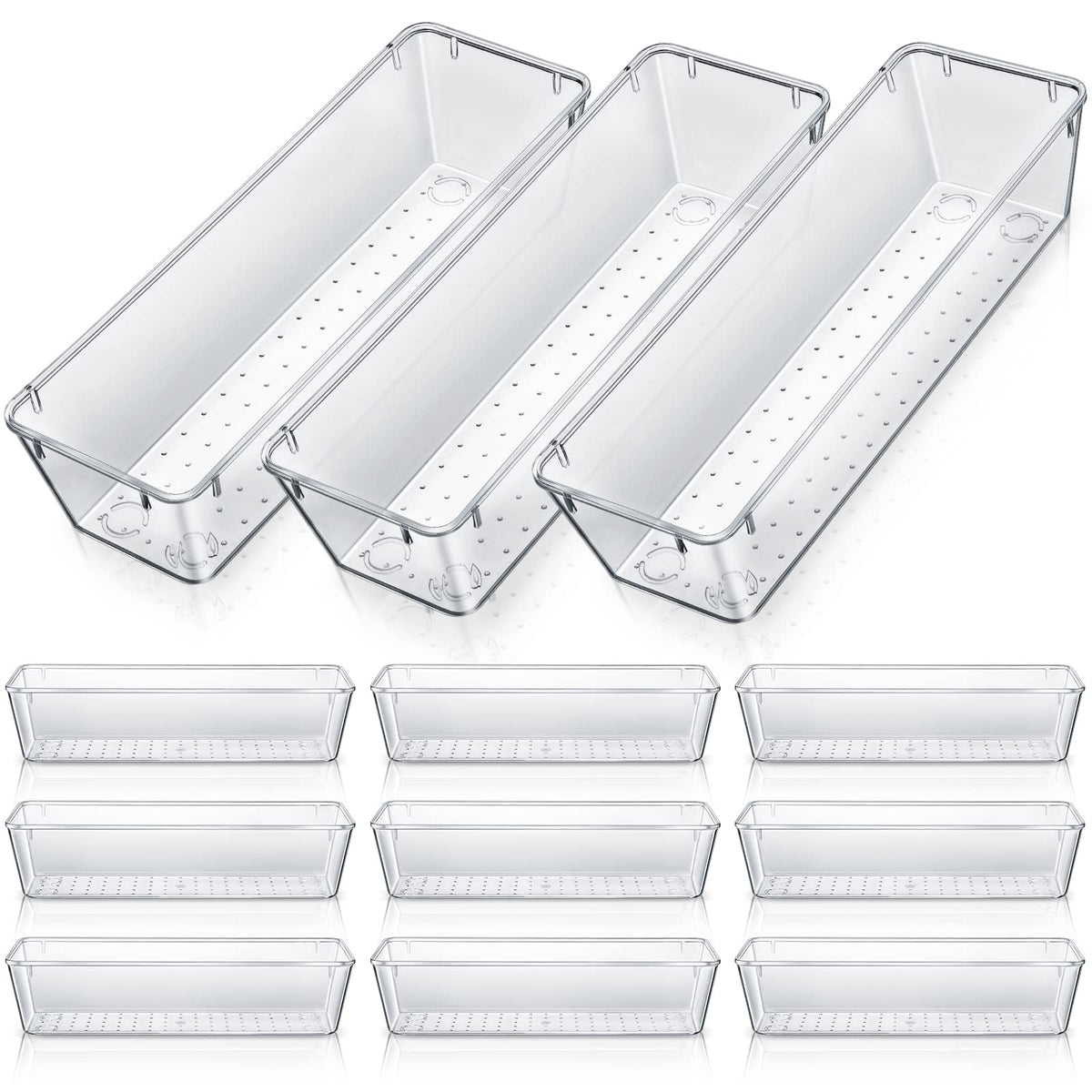 Maitys 12-pcs vanity drawer organizer, clear, keeps cosmetics neatly accessible and visible.