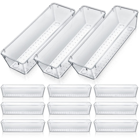 Maitys 12-pcs vanity drawer organizer, clear, keeps cosmetics neatly accessible and visible.