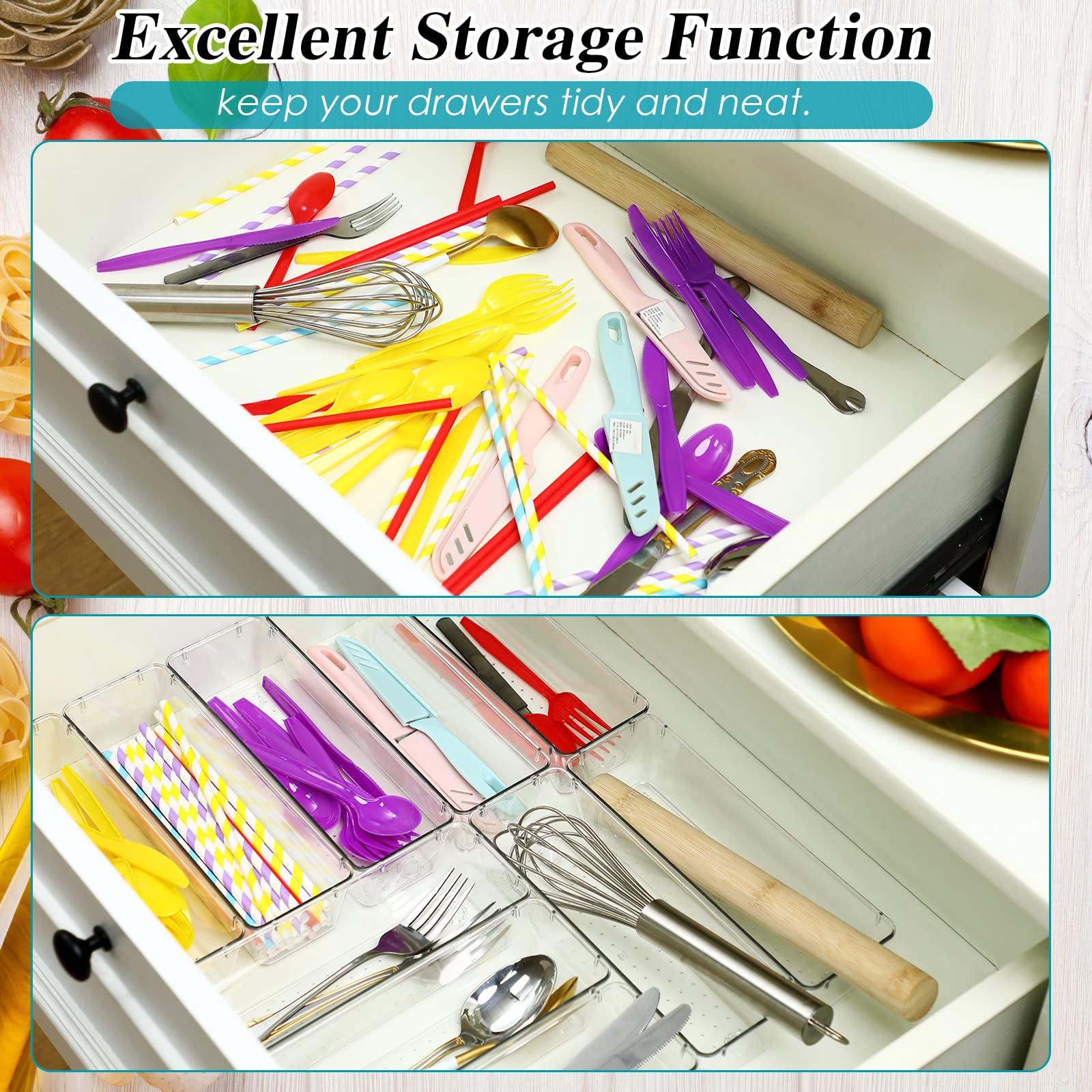 Maitys clear organizers keep utensils, cosmetics, and supplies tidy.