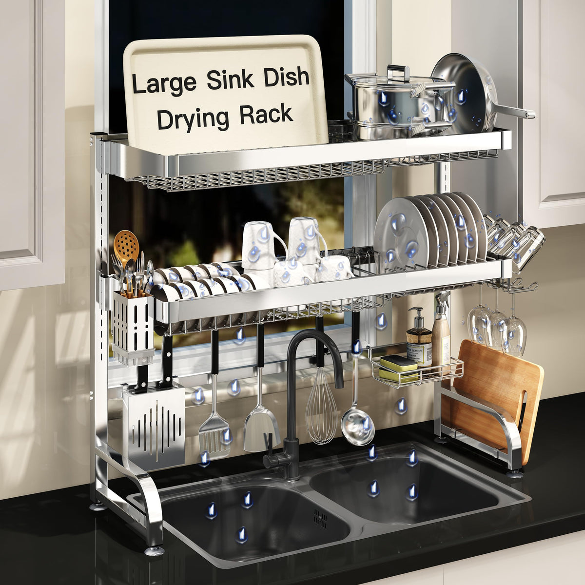 MAJALiS 3-tier over sink drying rack shown, maximizing counter space with expandable design.