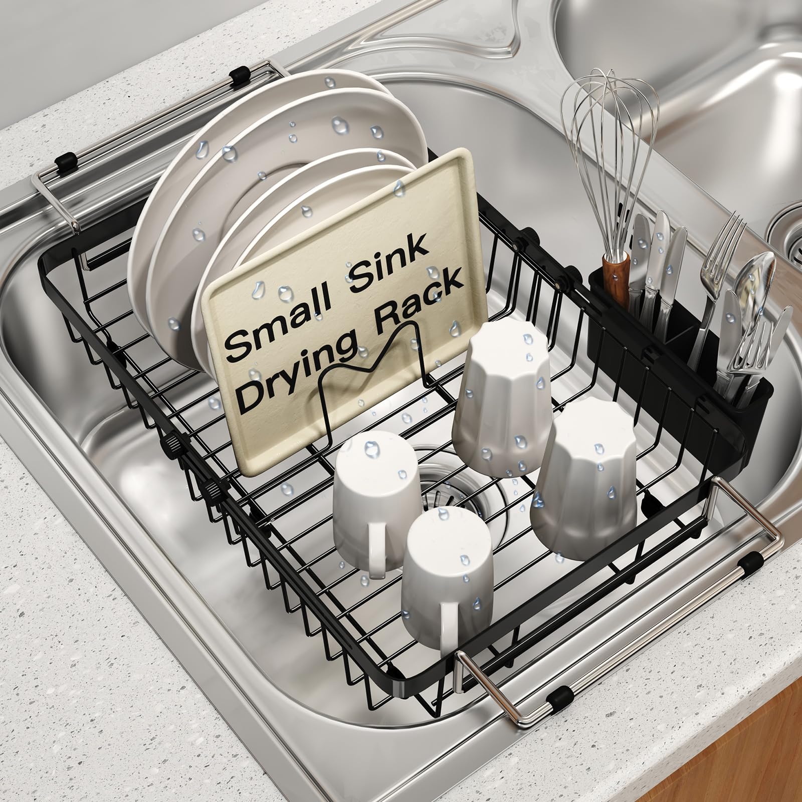 MAJALiS expandable dish drainer inside sink showing compact fit for small kitchens