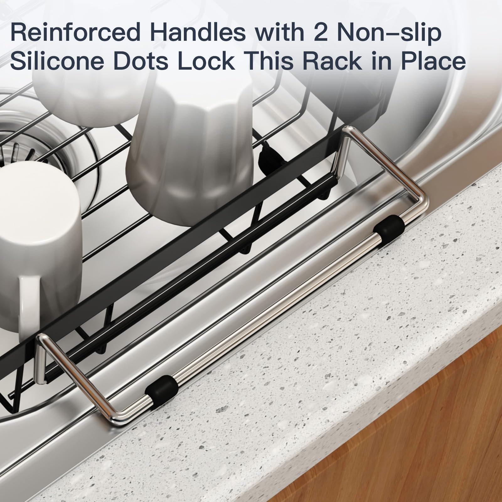 MAJALiS weighted legs stabilizing the dish drainer on countertop
