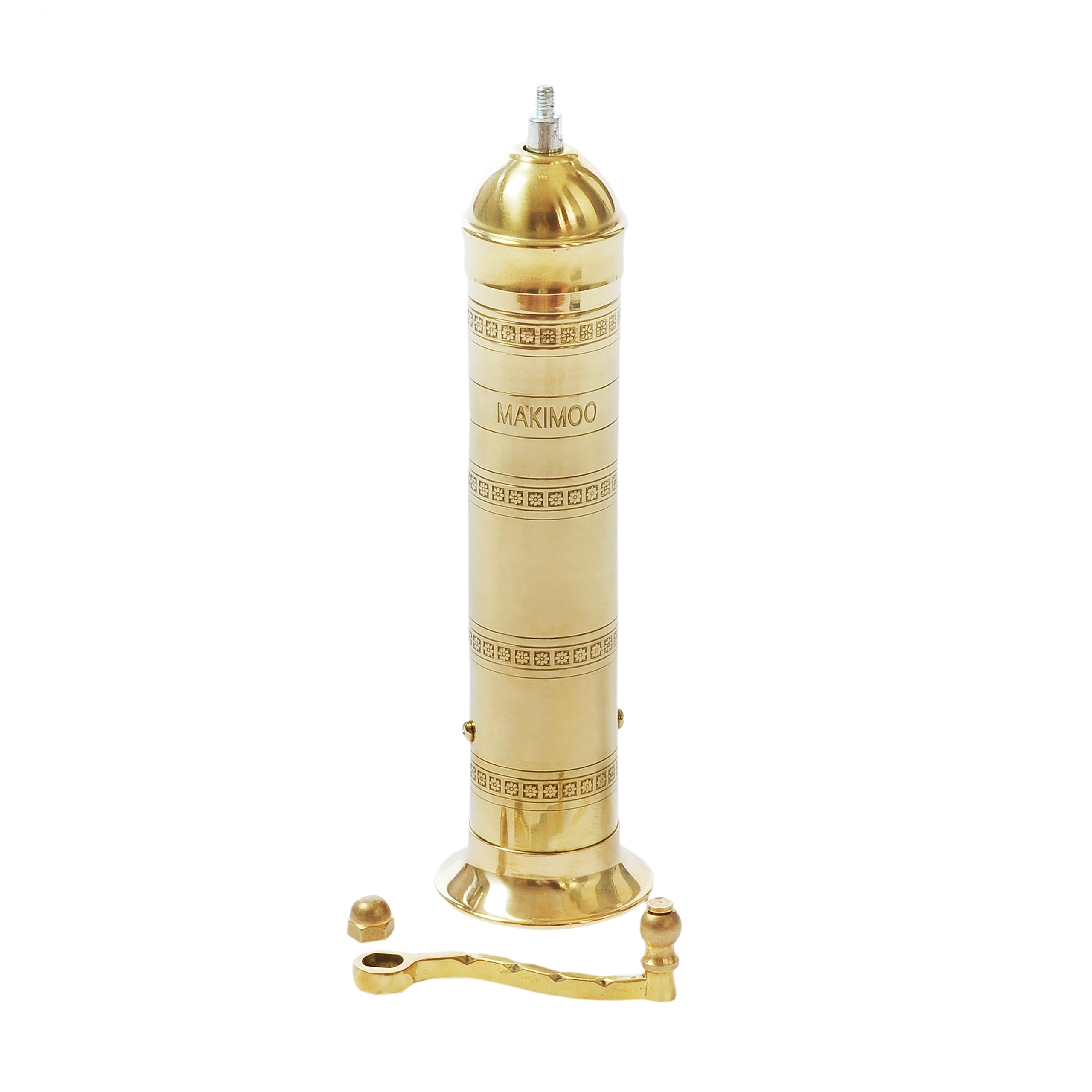 Makimoo brass 9-inch pepper mill captures classic kitchen aesthetics with reliable texture control.