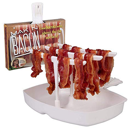 MAKIN BACON microwave cooker setup with bacon draped over bars for crisp results