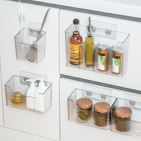 MAKIOTEKO adhesive cabinet door organizer in a kitchen, convenient reach and tidier countertops.