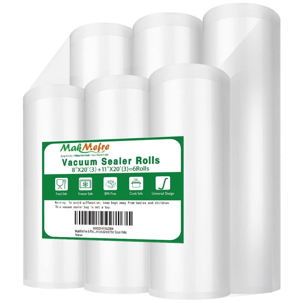 MakMeFre 8x20 vacuum bag rolls show sturdy packaging for bulk prep and sous vide use.