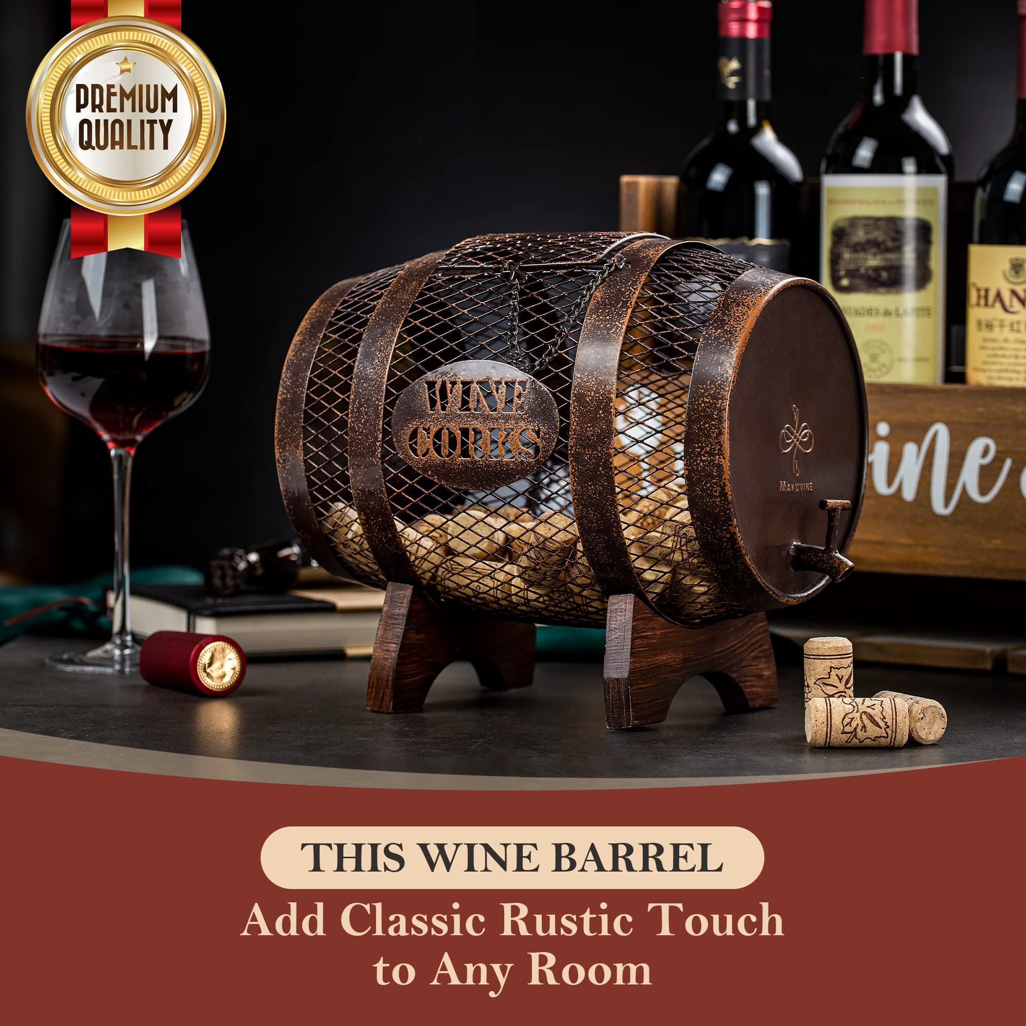 Makuvine cork display on metal frame showcases corks in style.