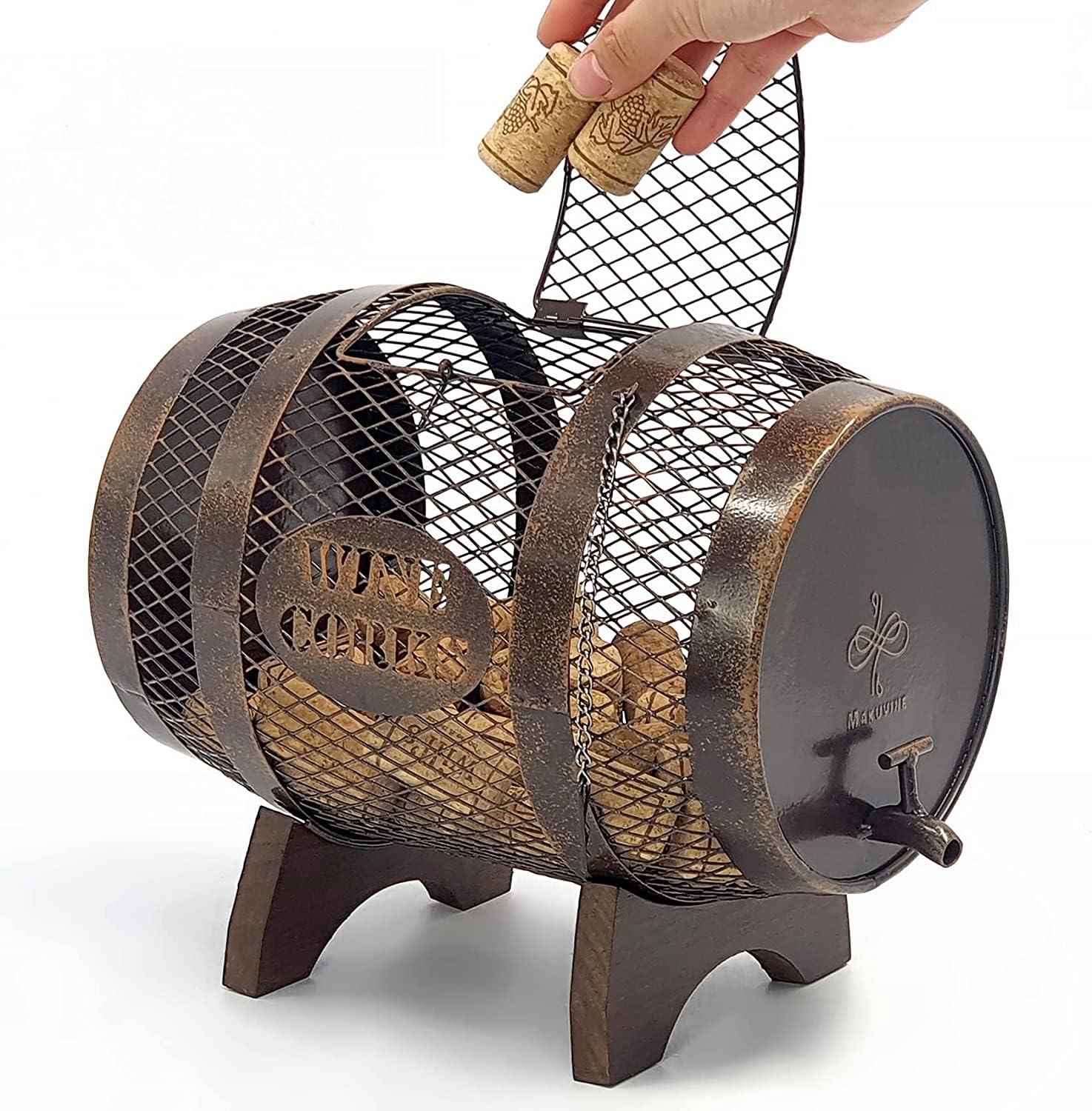 Makuvine rustic barrel cork holder on wooden stand adds warm charm to your home bar.