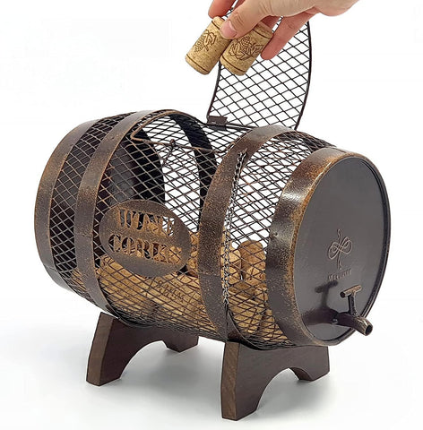 Makuvine rustic barrel cork holder on wooden stand adds warm charm to your home bar.