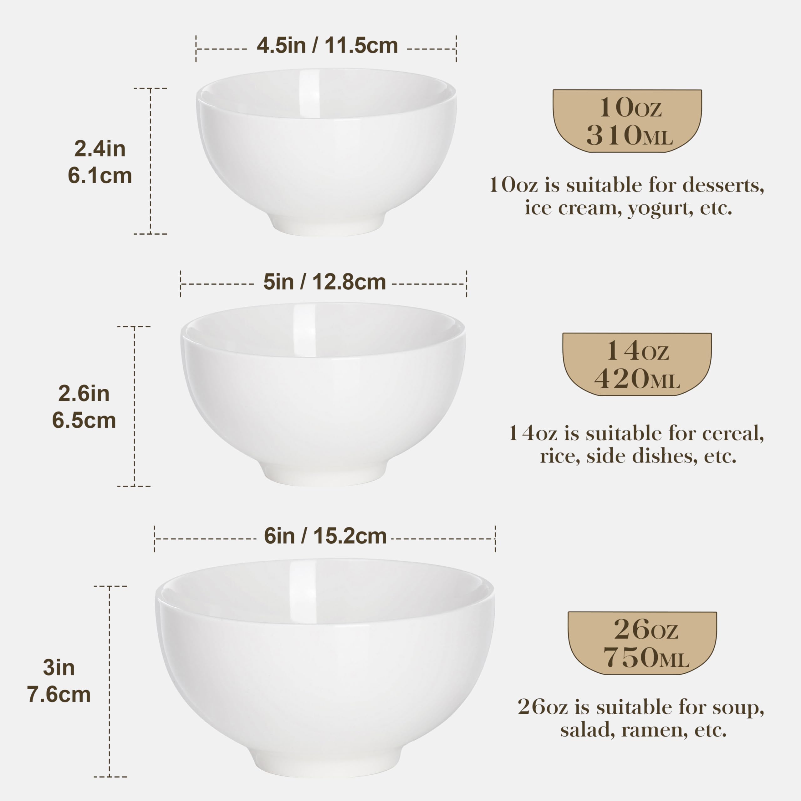 MALACASA 10oz portion-control bowls for desserts, cereals, and snacks.