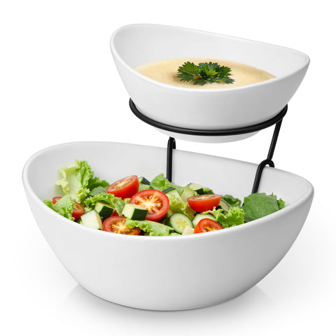 MALACASA 2-tier chip and dip set on a metal stand for stylish party display.