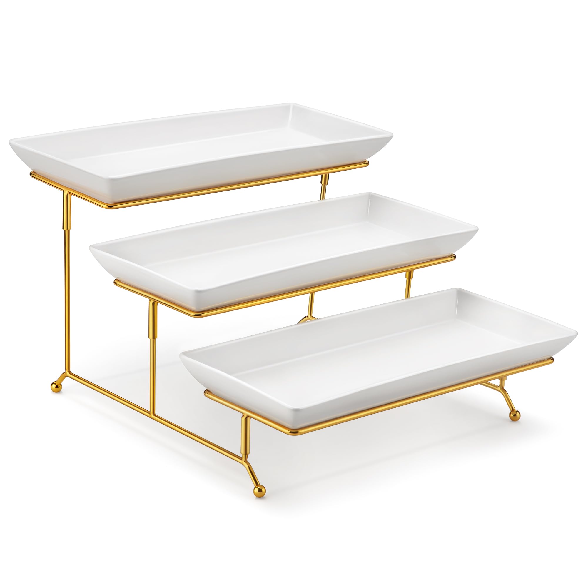 MALACASA 3-tier serving tray closeup with porcelain layers for elegant party spreads