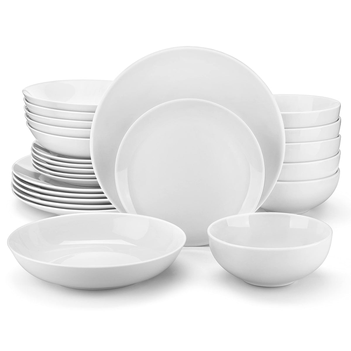 MALACASA AMELIA 24-piece dinnerware, front view, showcasing modern white elegance and durable porcelain.