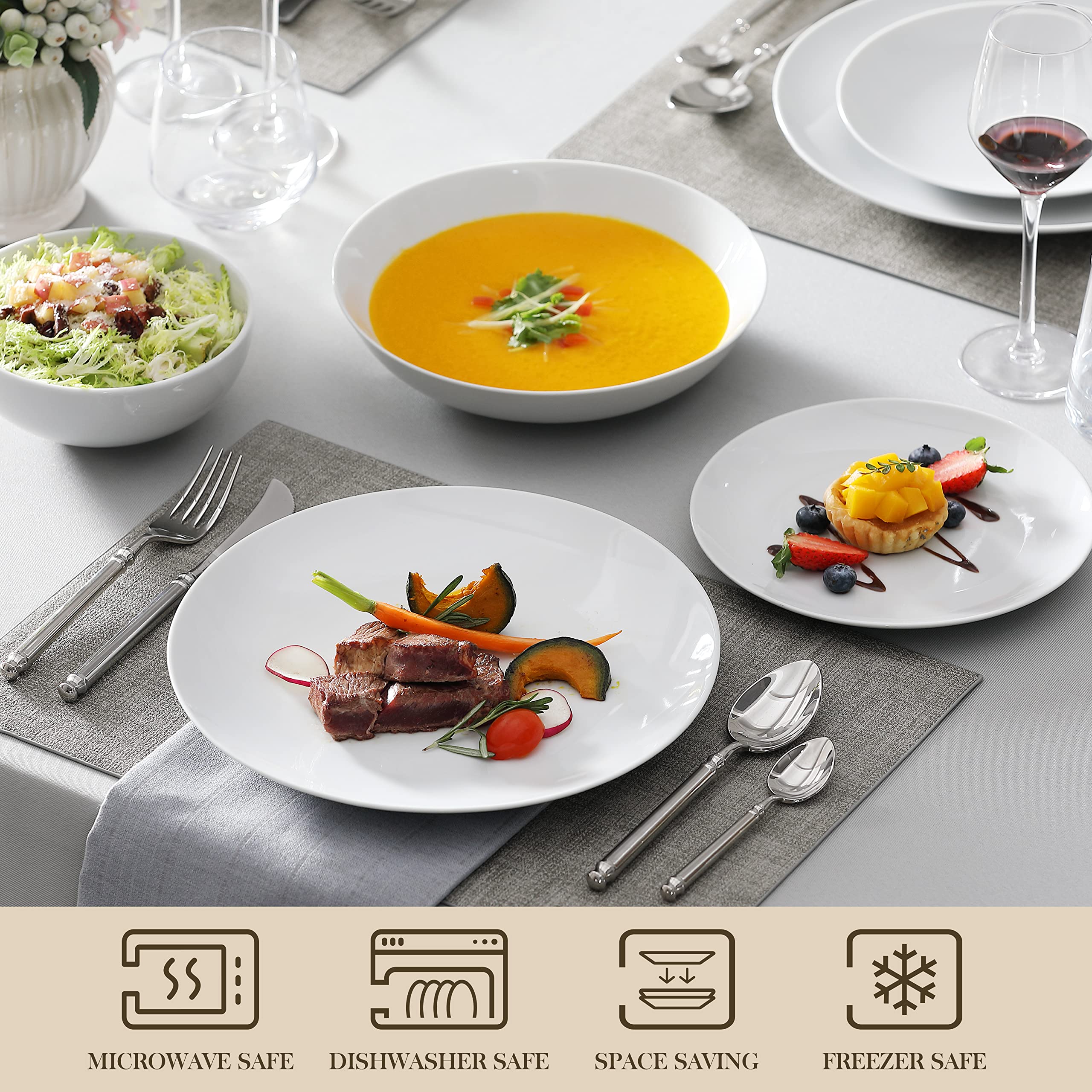 Stackable AMELIA dishes save cabinet space and simplify entertaining.