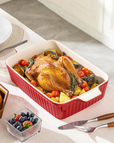 Red MALACASA ceramic bake dish adding warm kitchen style