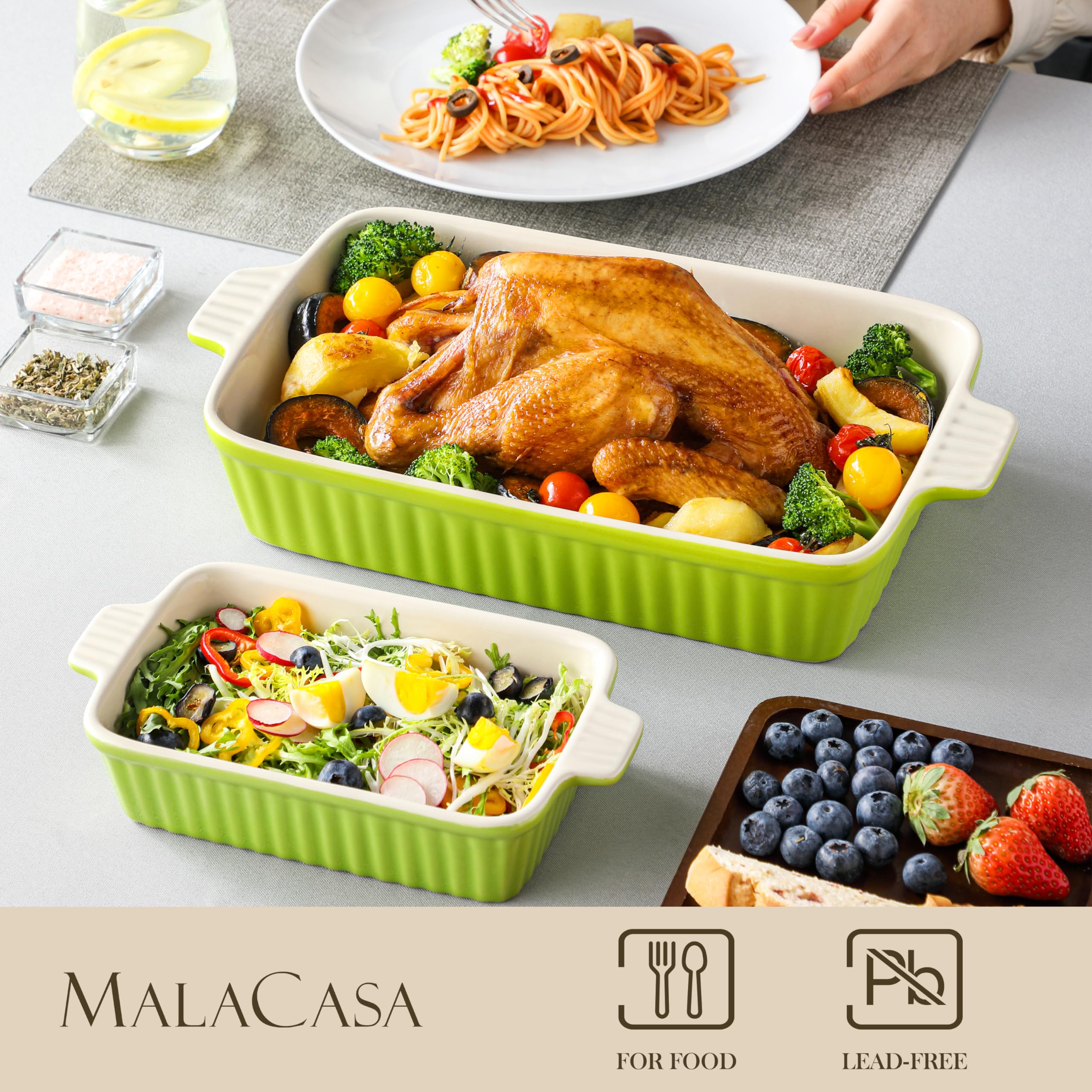 MALACASA rectangular dish with handles ready to move from oven to table.