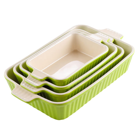 MALACASA green porcelain bakeware with four rectangular pans and ergonomic handles for easy lifting.