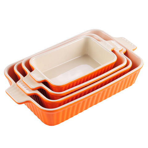 MALACASA four-rectangle orange bakeware set for versatile baking and serving.