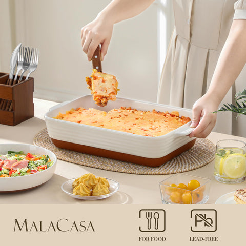 Sturdy side handles enable safe transfer from oven to table.