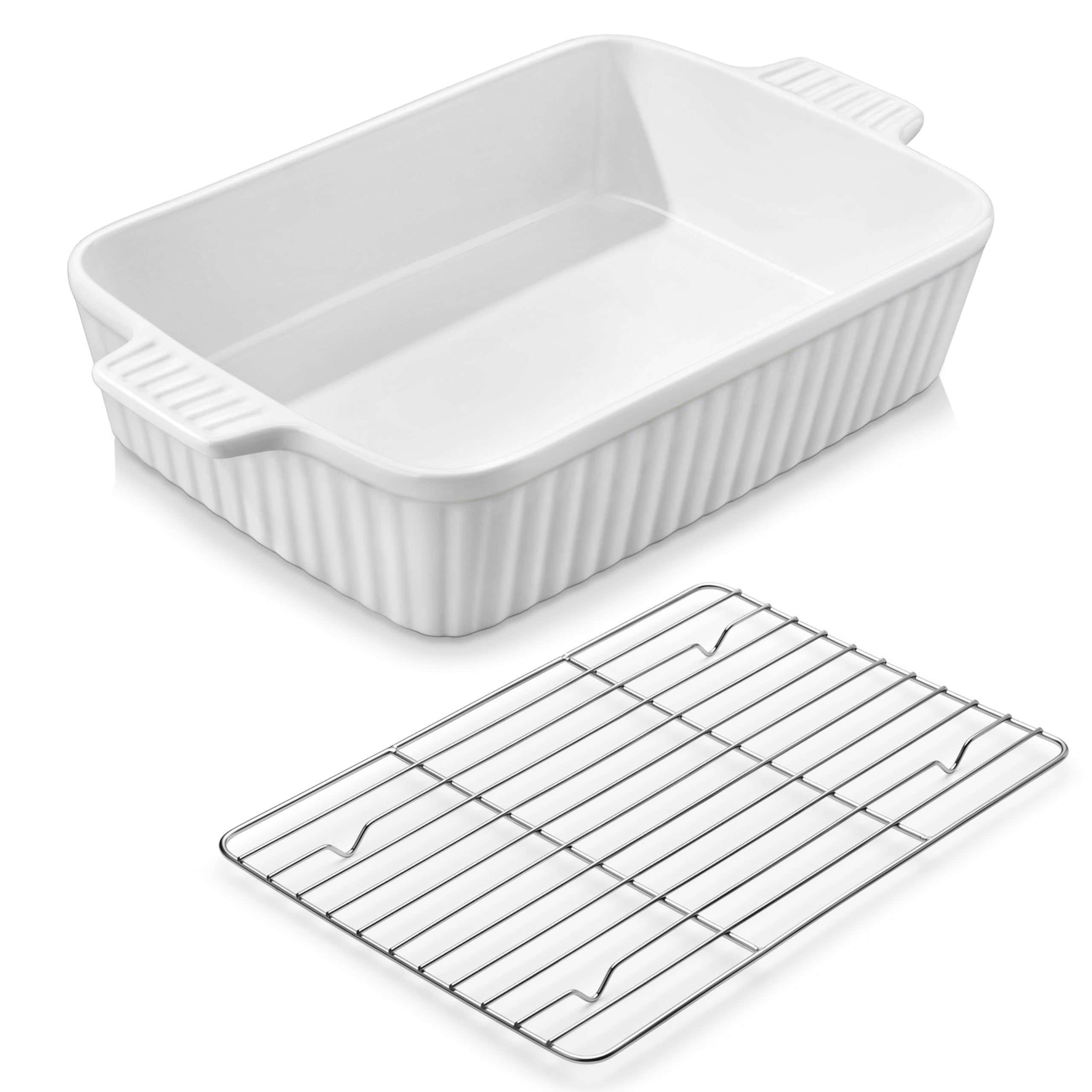 MALACASA baking dish with rack in white ceramic for even roasting.