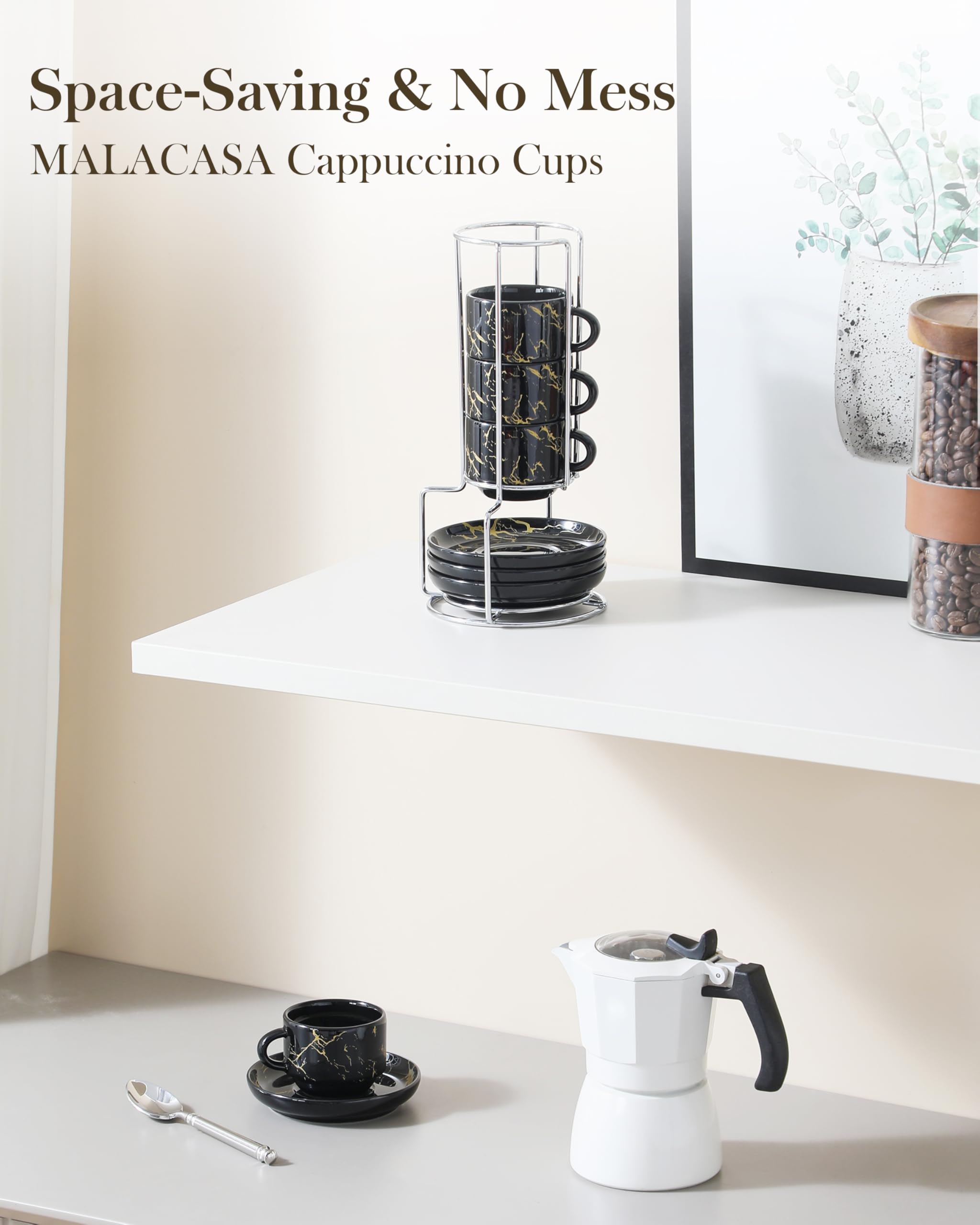 MALACASA cappuccino cups close-up with smooth glaze and comfortable grip.