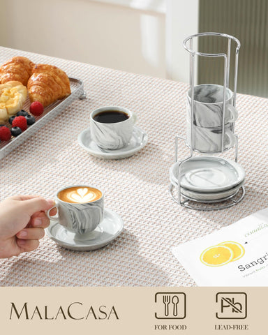 MALACASA marble-gray cappuccino cups showcase modern, stackable design in kitchen